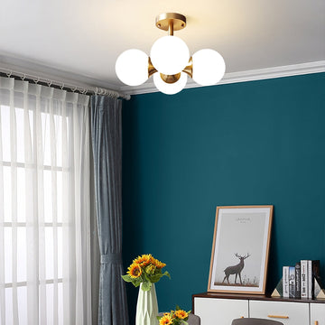 Brass 4-Light Semi-Flush Mount Ceiling Light Globe Shade Mini Chandelier Ceiling Light